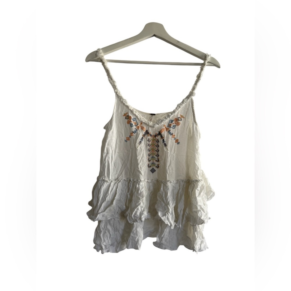 Free People Boho Embroidered White Ruffle Top Size Small